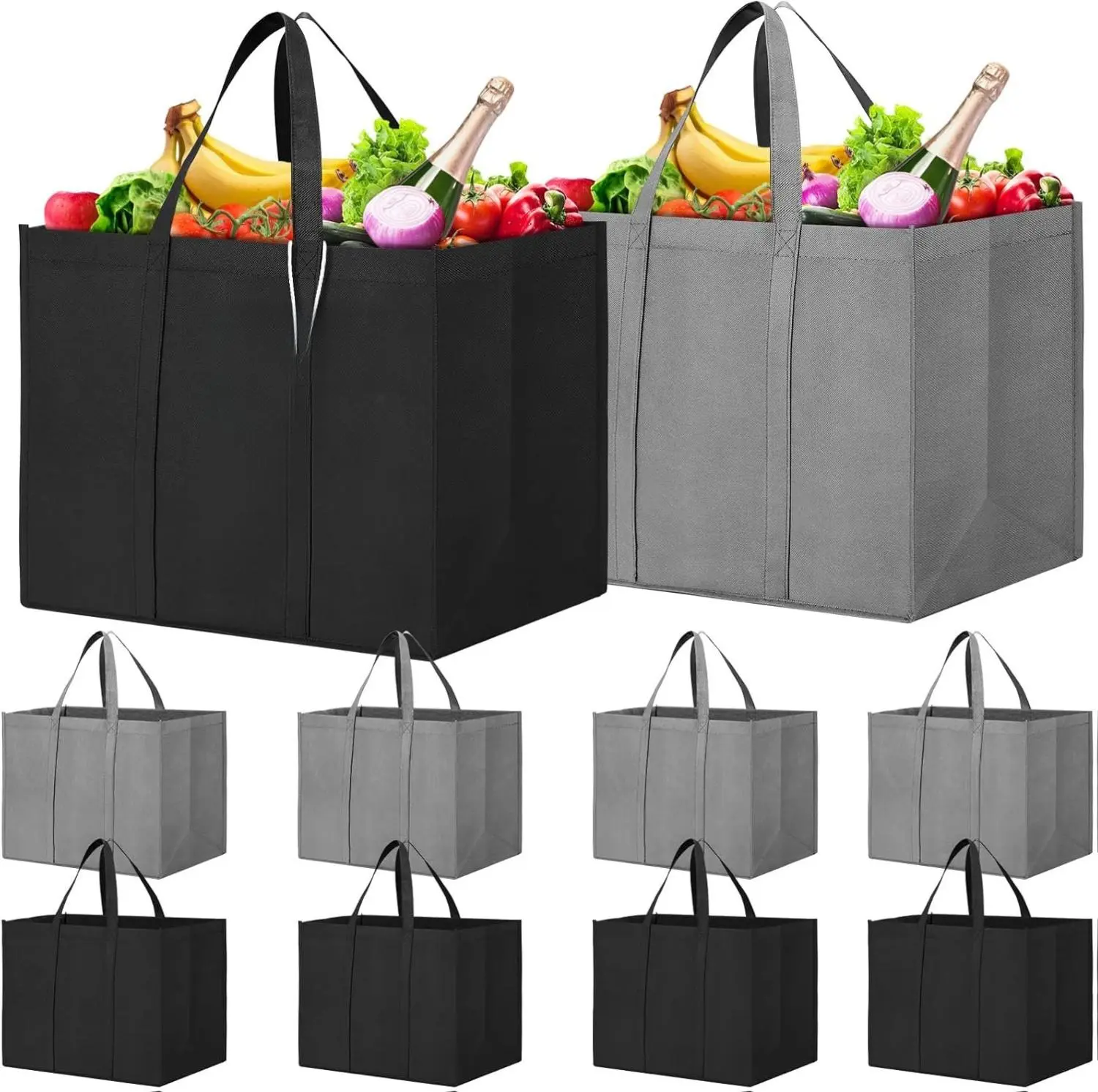 Reusable Grocery Shopping Bags 10 Pack Large Foldable Tote Bags Bulk, Eco Produce Bags with Long Handle for Shopping Groceries Clothes (Grey&Black) Durable