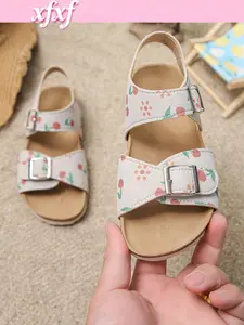 Girls' Floral Design Open Toe Flat Sandals, Soft Comfortable PU Leather Shoes, Casual Summer Footwear for Kids, Lightweight Shoes