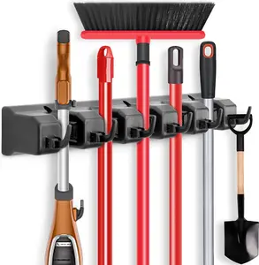 Mop and Broom Holder, Wall Mounted Organizer-Mop and broom Storage Tool Rack with 5 Ball Slots and 6 Hooks (Black)