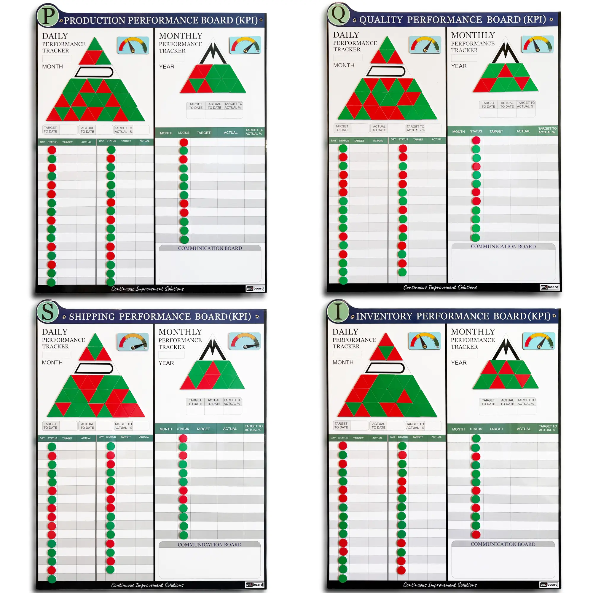 PMXBOARD Complete KPI Board Set, 4 Magnetic Dry Erase Performance Boards, Daily & Monthly KPI Tracking Boards, 33 x 26 in Visual Management Set with 720 Magnets, 8 Status Indicators