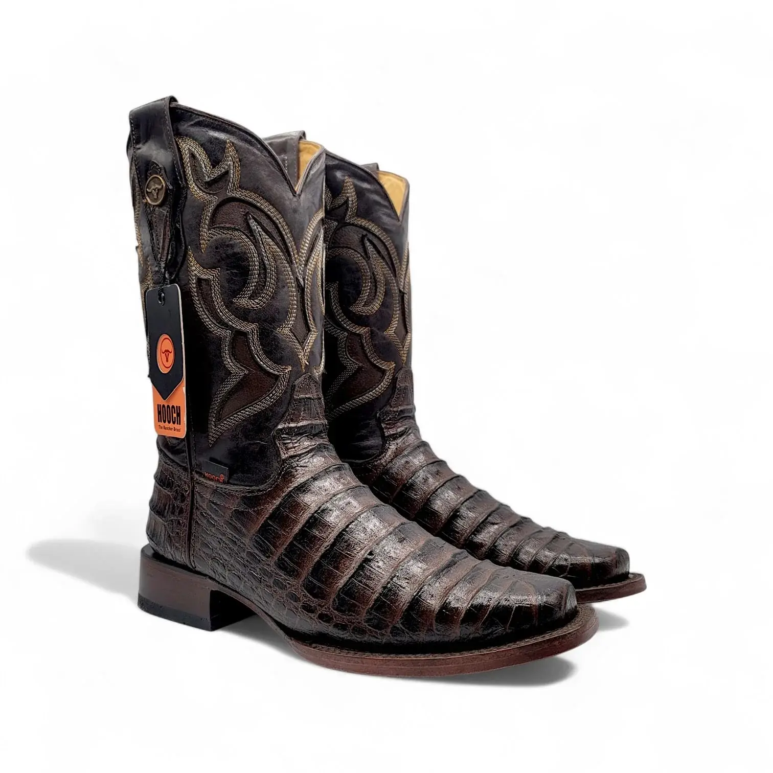 Mens Caiman Belly Print Boot Chocolate – Square Toe Genuine Leather H519473