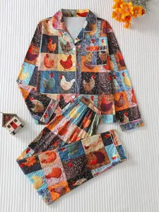 Cozy Chicken Print Pajamas Set for Women - Soft & Comfortable Sleepwear with Long Sleeves and Matching Pants