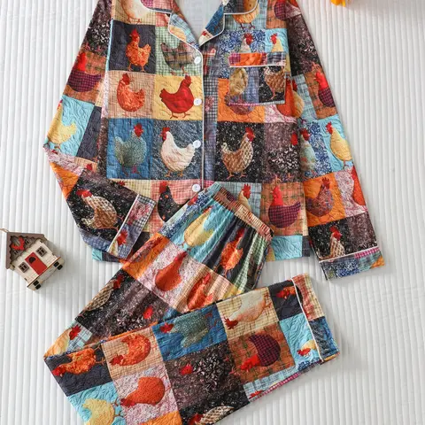 Women's Cozy Aesthetic 2-Piece Cartoon Animal Graphic Allover Print Pajama Set - Long-Sleeve Top, Full-Length Matching Pants, Casual Sleep Loungewear, 2 Piece Sets