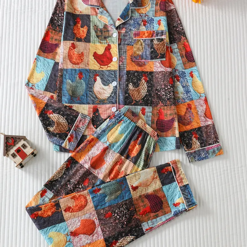 Women's Cozy Aesthetic 2-Piece Cartoon Animal Graphic Allover Print Pajama Set - Long-Sleeve Top, Full-Length Matching Pants, Casual Sleep Loungewear, 2 Piece Sets