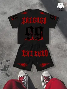 Men's Cotton Short Top Set with Matching Shorts, Flame Letter Print Round Neck Short Sleeve T-Shirt, Casual Street Style