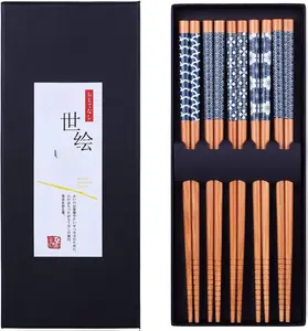 5 Pairs Natural Bamboo Chopsticks Reusable Classic Japanese Style Chop Sticks Gift Sets, Dishwasher Safe, 8.8 Inch/22.5cm