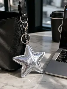 Metallic Silver Star Bag Charm Keychain, Y2K Sweet Cool Style, Cracked Texture PU Leather, Women's Backpack Wallet Car Key Decor