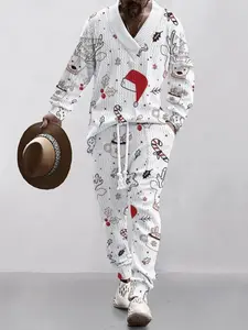 Black Friday Christmas men's solid color jacquard off shoulder V-neck top and waist cinching pants set, regular casual and fashionable long sleeved pullover and pocket pants, suitable for daily wear, autumn and winter men's sets