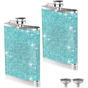 2-Pack 8 Oz Bling Hip Flasks for Liquor, Leakproof Stainless Steel Flasks with Funnel Pocket Flask for Women, Portable Metal Flask for Camping Outdoor Activity Wedding Party Gift, Blue