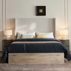 Shelton Upholstered Wingback Bed / 54" High Headboard / Wood Base / Rustic / Modern Farmhouse / Neutral / Scandinavian, Queen, Textured Ivory Canvas Chenille bed frame