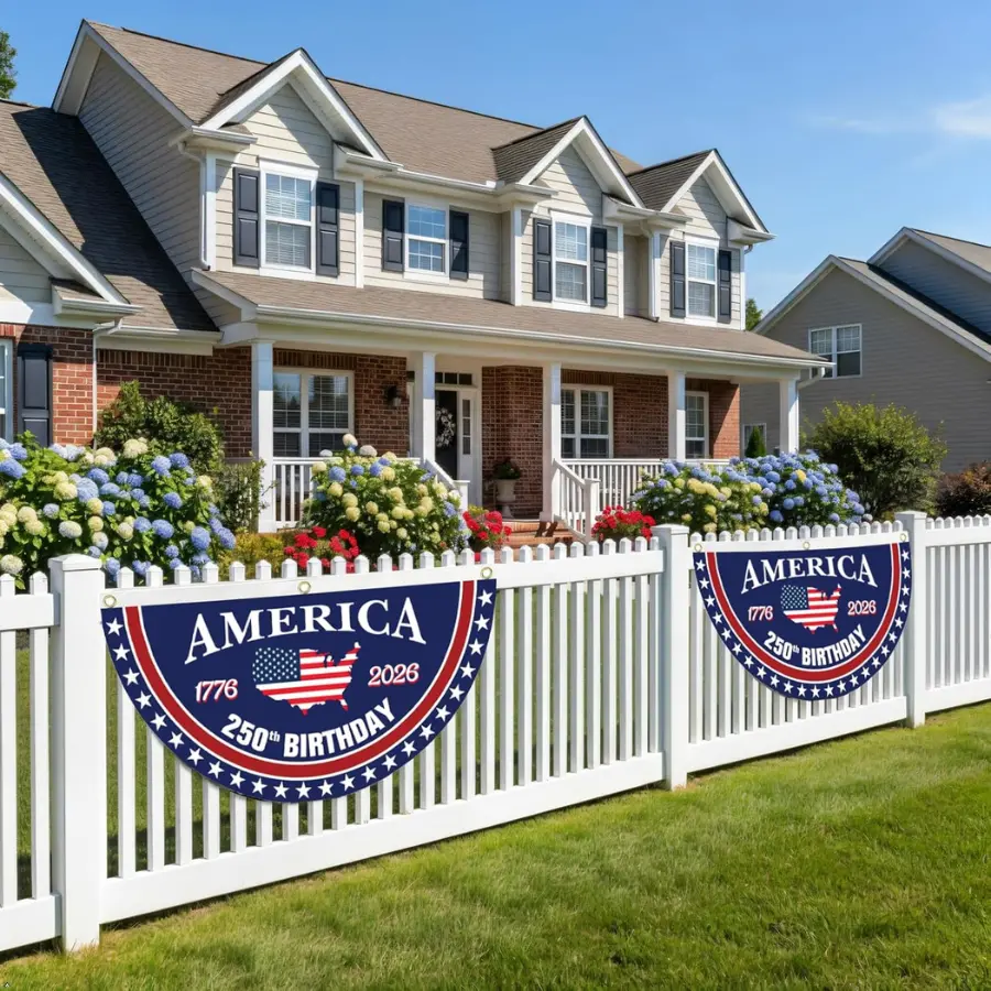 America 250th Birthday Semicircular Flag Banner, 1776–2026 Patriotic Polyester Bunting Flag, USA Independence Day Porch Decor Flag, Fourth Of July Patriotic Half Fan Flag Decoration For Porch Fence Yard