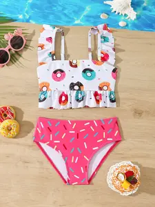 Donut Candy Print Bikini Set for Little Girls, Thin Straps Ruffle Hem, Summer Beachwear, Fashion Kids Swimwear, Perfect for Pool Parties and Vacations, Ruffle Swimsuit, Ruffle Trim Swimsuit