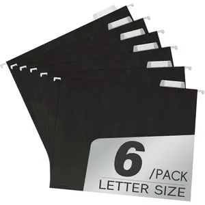 6 Pack Black Hanging File Folders, Letter Size Colored Hanging File Folders, 11 Point Paper Stock, 1/5-Cut Adjustable Tabs, Bulk for Filing Cabinet