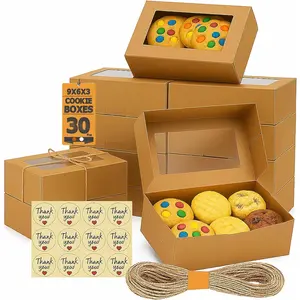 30 Pack Cookie Boxes with Window for  Giving - 9x6x3 Inches Bakery Boxes - Small Cookie Containers for , Desserts, Strawberries, Cupcake, Pastry, Charcuterie, Baked Goods (Brown)