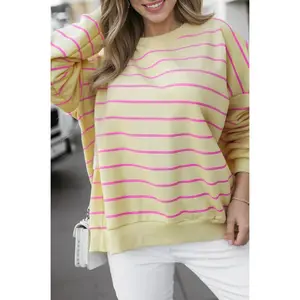 Yellow Stripe Stylish Overlap Detail Drop Shoulder Pullover Sweatshirt