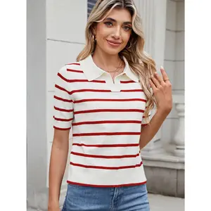 Striped Johnny Collar Short Sleeve Sweater