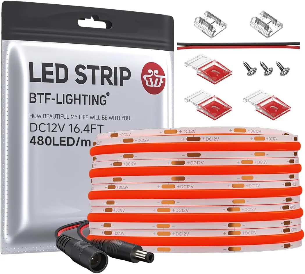 High-Density Flip Chip on Board (COB) Red LED Strip Light - 480LEDs/m, 16.4FT, DC12V, 8mm Width, 24W, Smart Bright Uniform Red Light, Flexible Dimmable, Direct Power, for Bedroom Indoor Decor (No Adapter/Controller), RF Compatible, 90-120Lm/W