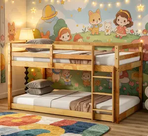 Natural Solid Rubber Wood Twin Over Twin Floor Bunk Bed with Ladder & Strengthened Slat Platforms, Sturdy Wooden Space-Saving Bed Frame