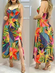 Women's Elegant Vacation Tropical Print Backless Ruched Waist Long Dress, Summer Casual Fashion, Perfect for Beach and Travel