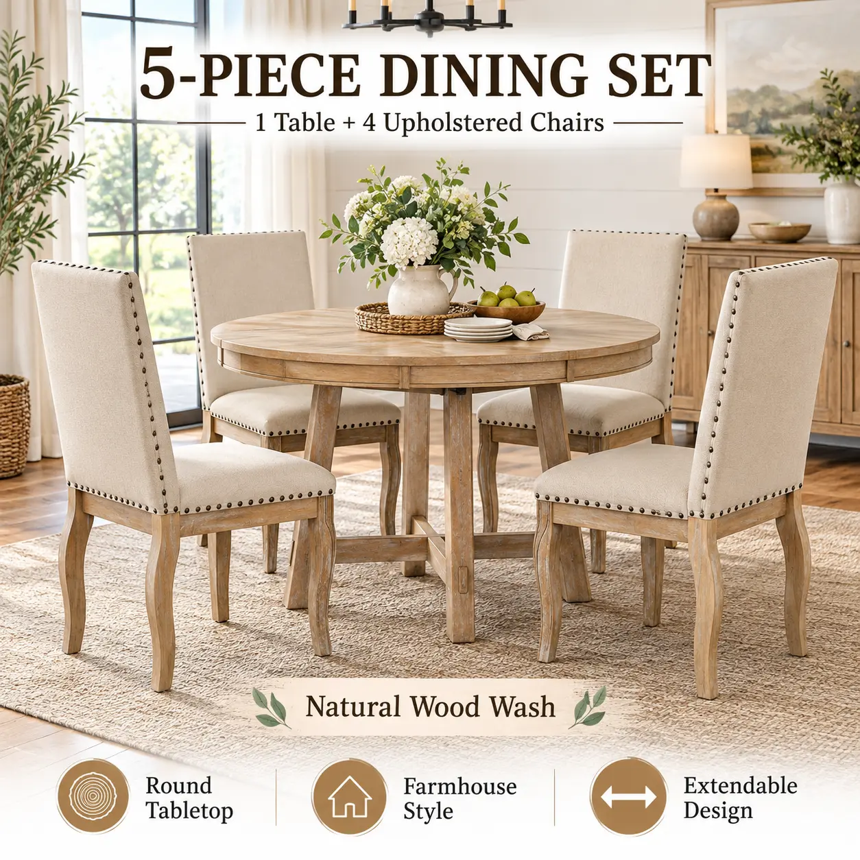 BBUDIN 5-Piece Wooden Farmhouse Indoor Dining Set, Extendable Round Wood Dining Table with 4 Upholstered Arms Dining Chairs (Natural Wood Wash)
