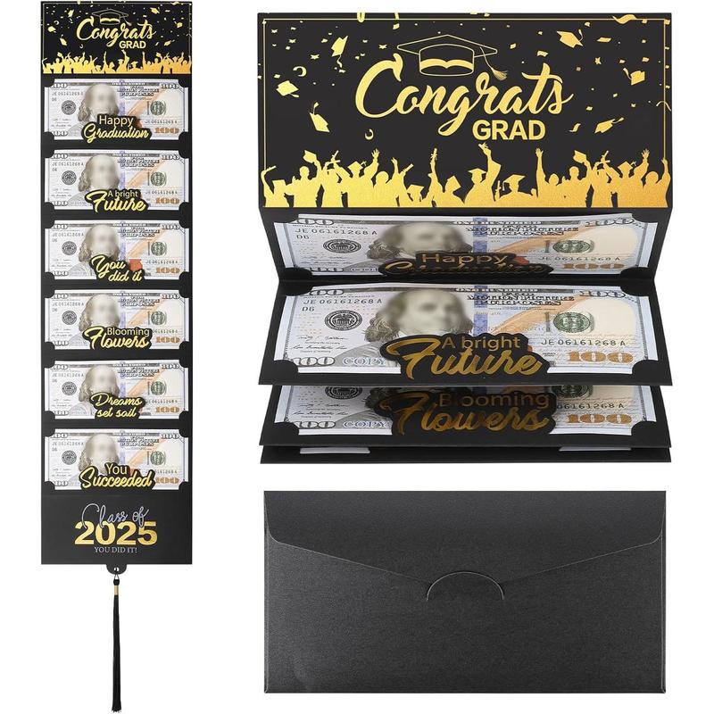2025 Graduation Money Cards with Envelope, Graduation Gift Card Money Holder 2025, Graduation Money Holder for Cash for College High School Graduation Party (Black Gold)