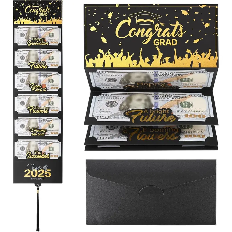 2025 Graduation Money Cards with Envelope, Graduation Gift Card Money Holder 2025, Graduation Money Holder for Cash for College High School Graduation Party (Black Gold)