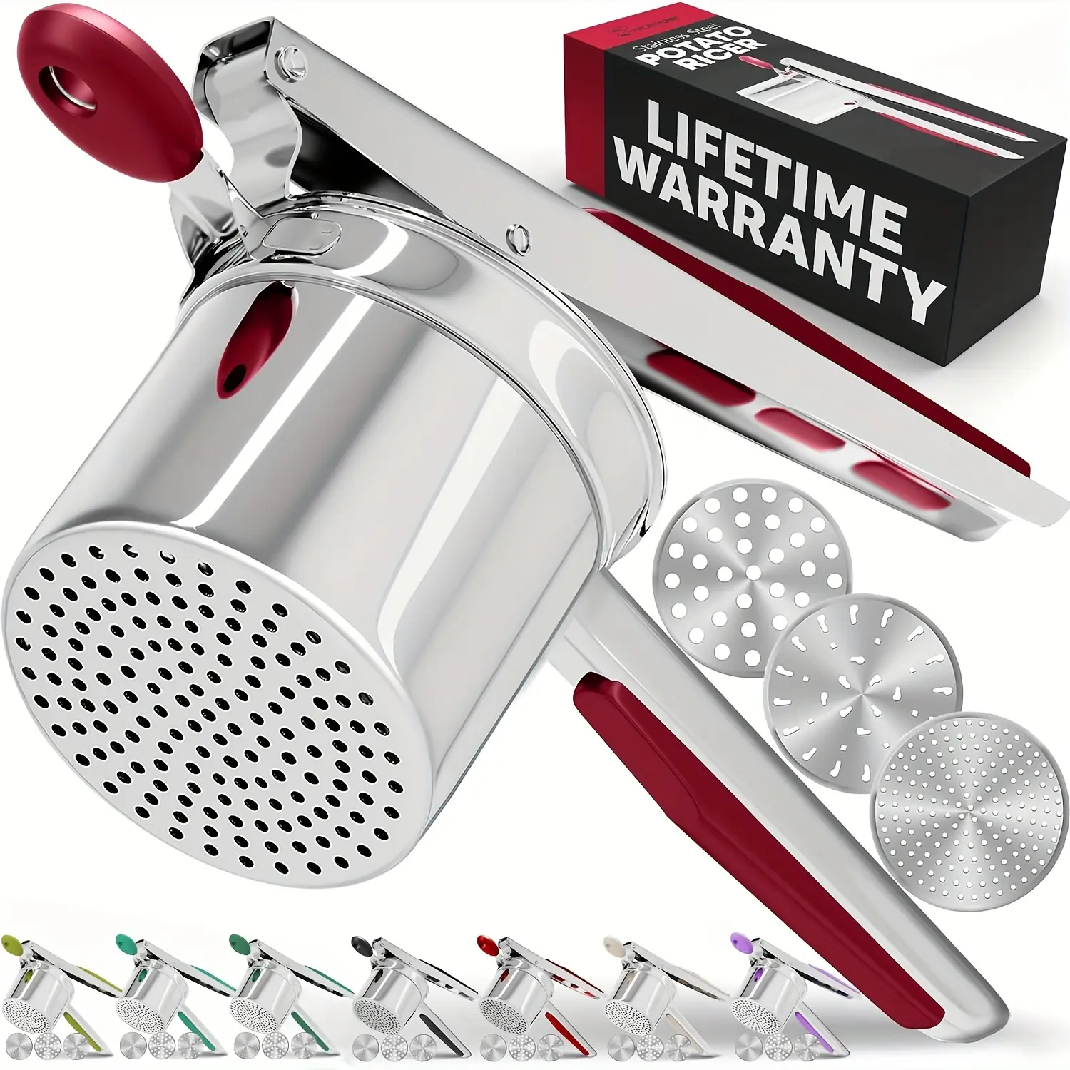 Heavy-Duty Stainless Steel Potato Masher - 15oz Large Capacity Bowl, 3 Mashing Filters, Multiple Colors Available |   Perfect for Creamy Mashed Potatoes, Avocados, Carrots & Food Crushing - Must-Have Kitchen Gadget