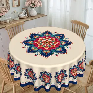 1pc Ethnic-Style Colorful Floral Print Round Tablecloth for Kitchen & Dining (120g/m² Twill Polyester) — Furniture Protective Cover, Ideal for Parties, Gatherings, and Tabletop Ambiance; Suitable for Various Settings Including Hotels, Restaurants, Banquet