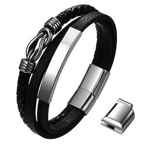 OIDEA Leather Bracelet for Men Stainless Steel Infinity Symbol Braided Cuff Wristband Adjustable Punk Silver