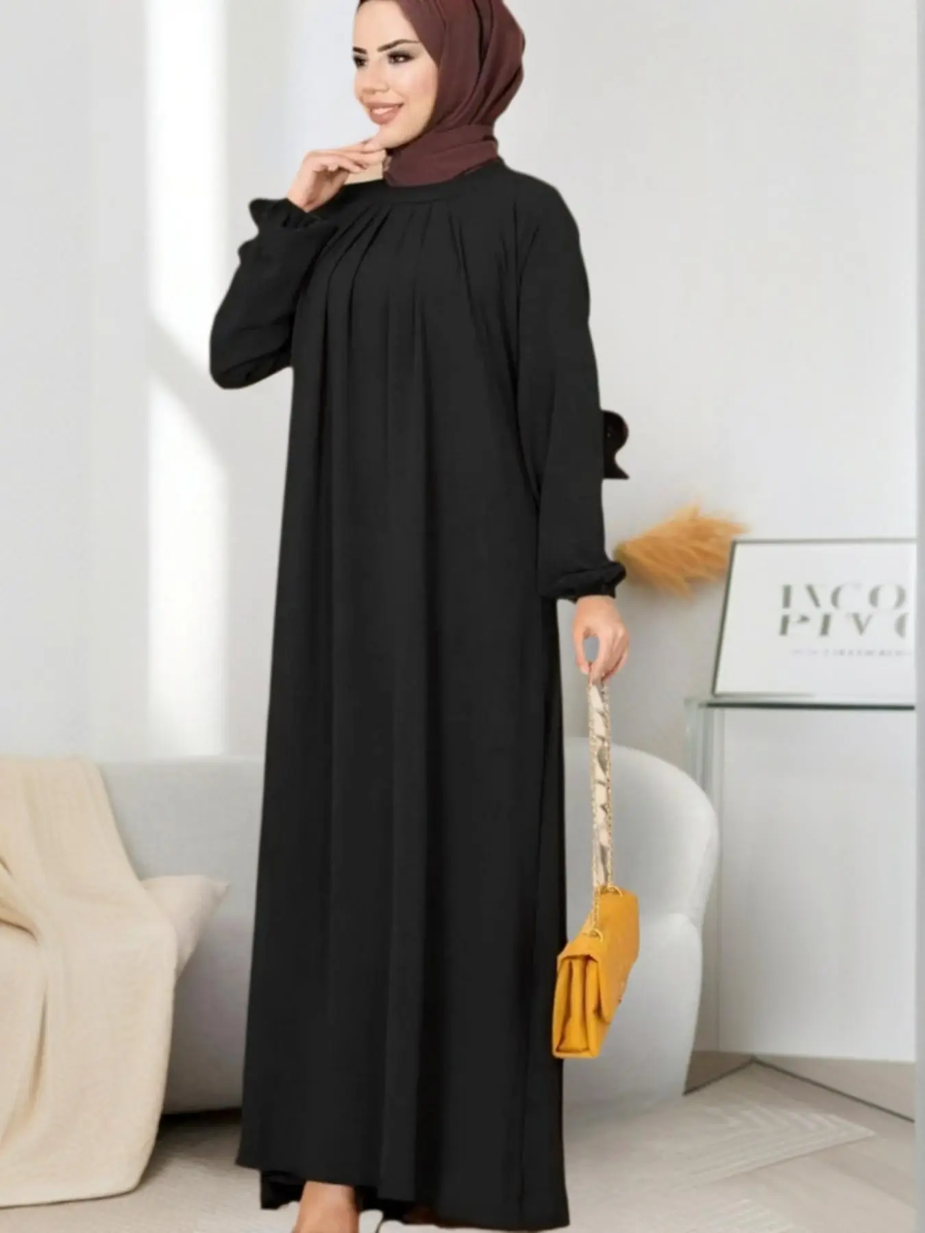 Women's Plain Plicated Zipper Back Kaftan Dress, Muslim Casual Long Sleeve Round Neck Dress for Daily Wear, Ladies Clothes for All Seasons