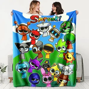 Sprunki Cartoon Pattern Flannel Blanket, Soft Warm Durable Throw for Sofa Office Bed Camping Travel, Ideal Holiday Gift