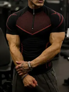 Men's European Style Fitness T-Shirt, Sporty Mesh Patch Half-Zip Stand Collar, High Elasticity Quick-Dry Breathable Fabric, Ideal for Gym Training