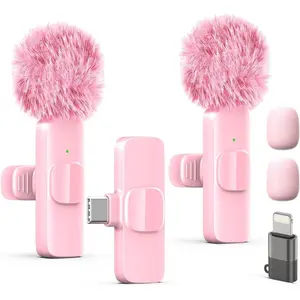 Wireless Lavalier Lapel Microphone for iPhone iPad mini Crystal Clear Audio Noise Reduction Plug & Play Type C Lightning Port Pink