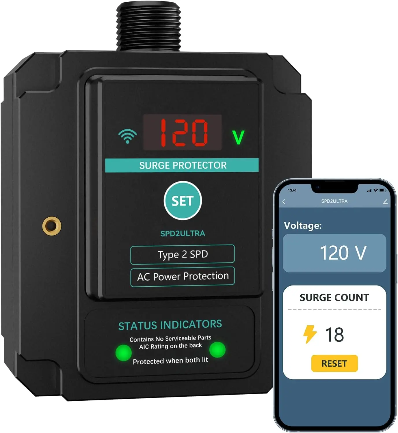 WiFi Whole House Surge Protector,108,000 Amps/Phase, 2820 Joules (Total), Thermally Protected Metal Oxide Varistors,Surge Times,Check Surge Times and Voltage by smart Phone