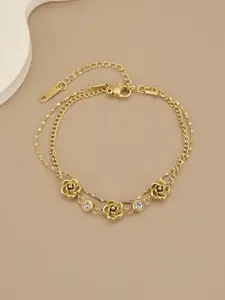 Vintage Rose Rhinestone Beaded Chain Anklet, Stainless Steel Elegant Light Luxury Women's Foot Jewelry, Shiny Two-Layer Design