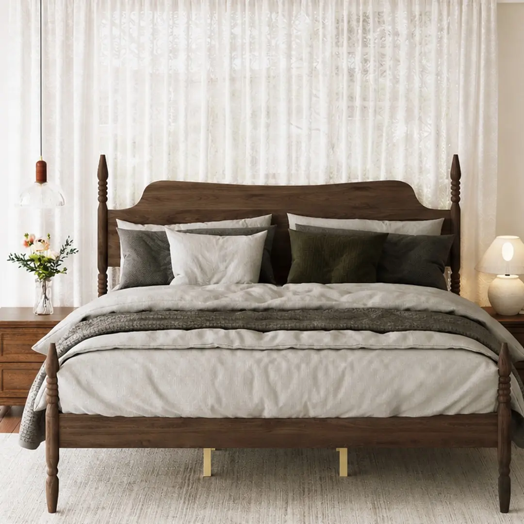 King Size Platform Bed Frame with Curved Tall Headboard, Spindle Four Poster Bed, No Box Spring Needed, MDF+Rubber Wood, Walnut, 800 lbs Capacity, Bedroom, Queen/King Options, King/Queen Size Options, Walnut Color Options, MDF+LVL/Rubber Wood