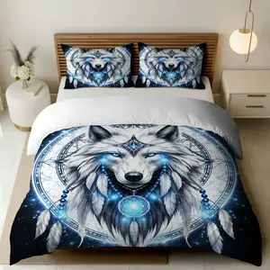 3PCS Duvet Cover Set, 1 Duvet+2 Pillowcases(Without filler), Wolf Dreamcatcher Tribal Native American Spiritual theme, Halloween bedding set, Bohemian Mandala Artistic Suitable for decoration bedroom living room guest room studio.