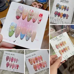 Press On Nails Flower | 3D Nature Fake Nails in Long Almond | Handmade Spring Nail Art for Holiday, Vacation, Birthday