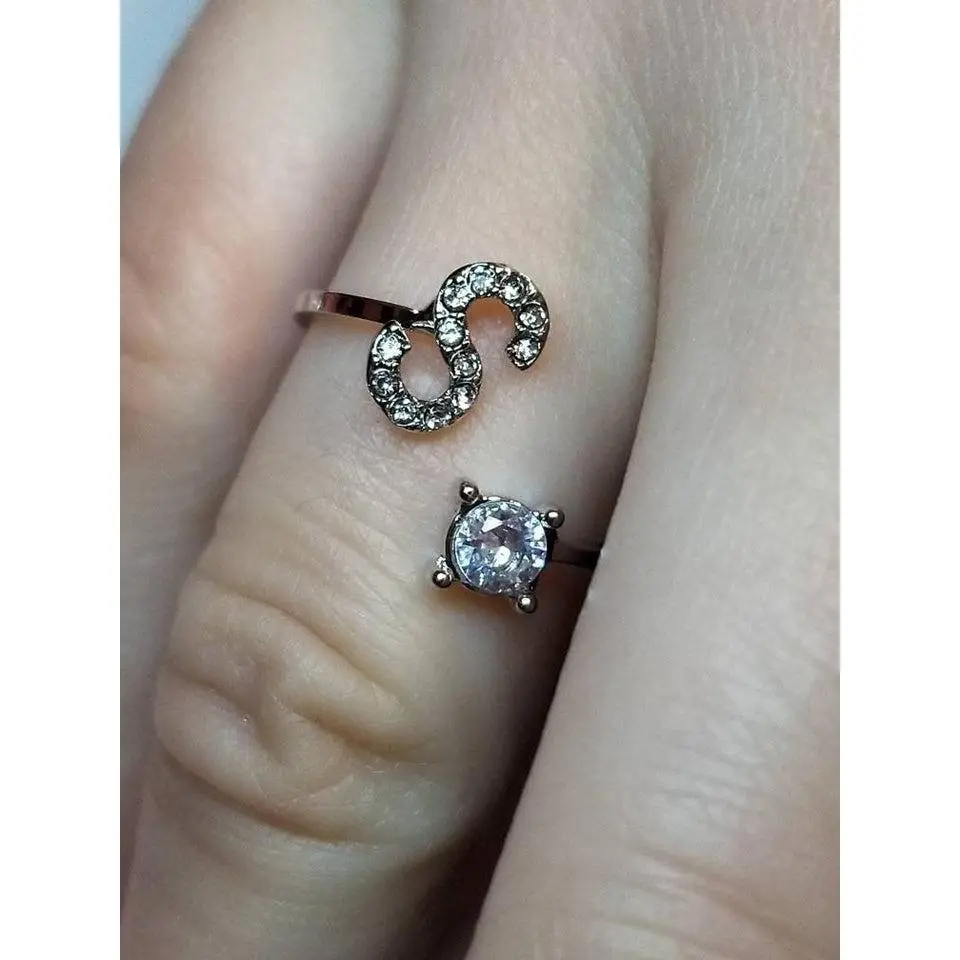 Silver S initial rhinestone adjustable ring