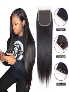 4x4 HD Lace Closure Human Hair Straight Lace Closure Pre Plucked  Free Part  Brazilian Virgin Human Hair Extensions 150% Density Natural Black
