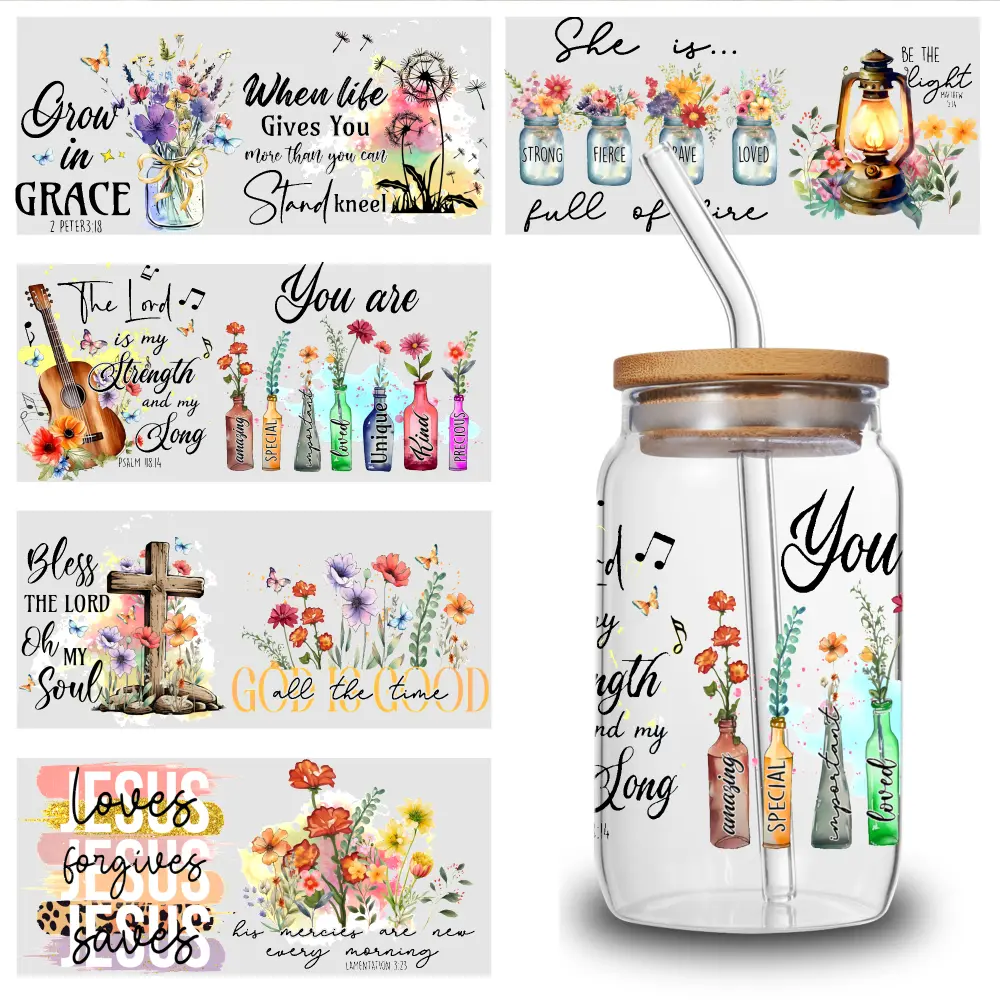 5 Sheets Floral Design UV DTF Stickers Waterproof Decals Plastic Self-Adhesive Labels Cups Decoration UV DTF Stickers Mug Decoration Gift
