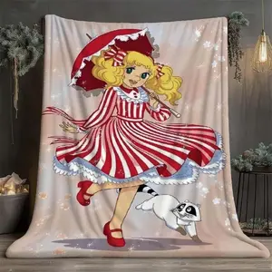 Candy Candy & White Cat Throw Blanket - Soft Flannel All-Season Bedspread with Retro 70s Anime Design, Red & White Striped Dress & Umbrella Pattern - Cozy Couch, Bed, Travel, Camping Blanket Suitable as a gift