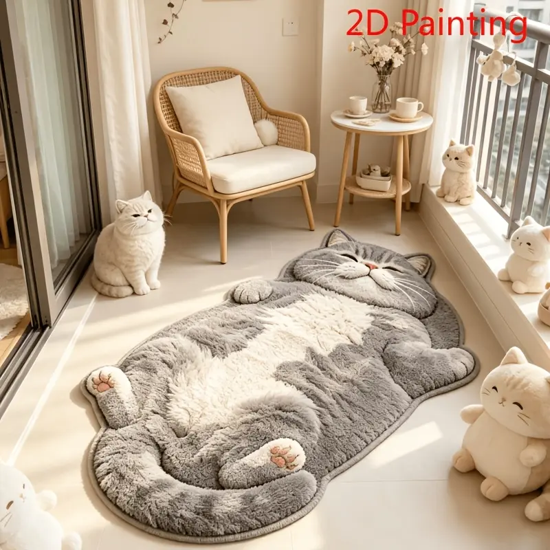 [2D Flat] Gray & White Lying British Shorthair Cat Rug, vivid 3D visual effect, soft short pile, relaxing gray-white tone, non-slip backing, washable, healing cute decor for bedroom, kitchen, bathroom & balcony with warm cozy vibe