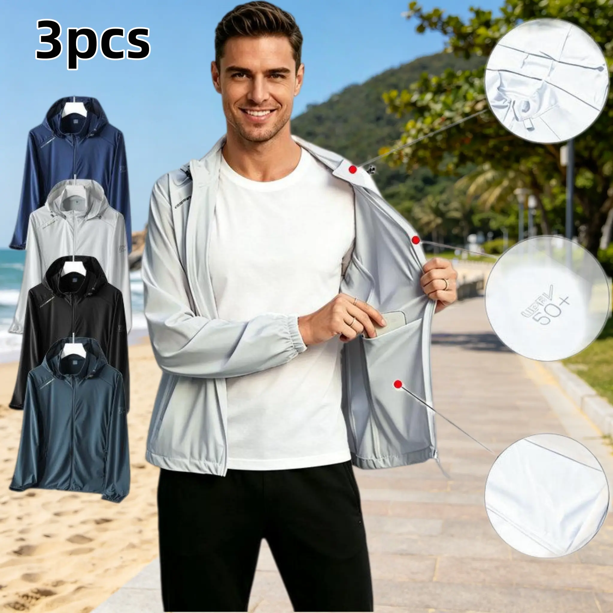 3 Pack Men's UPF 50+ Sun Protection Hooded Jacket Quick Dry Breathable Lightweight Zip Up Windproof Water Resistant with Inner Pocket Adjustable Drawstring Hood for Beach Hiking Fishing Outdoor Casual Daily Wear