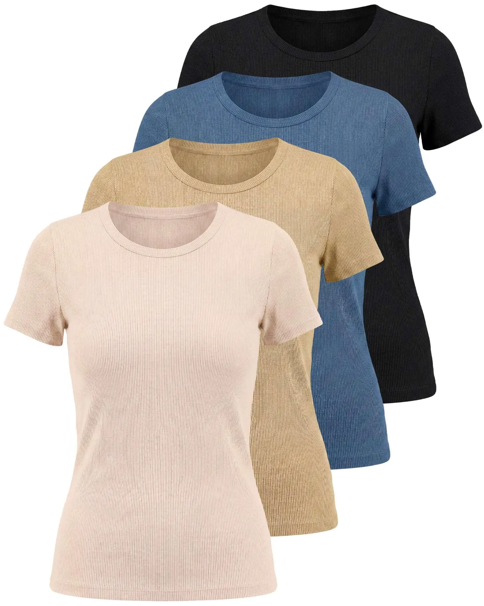 Real Essentials 4 Pack: Women's Ribbed Knit Short Sleeve Crew Neck T-Shirt (Available in Plus)