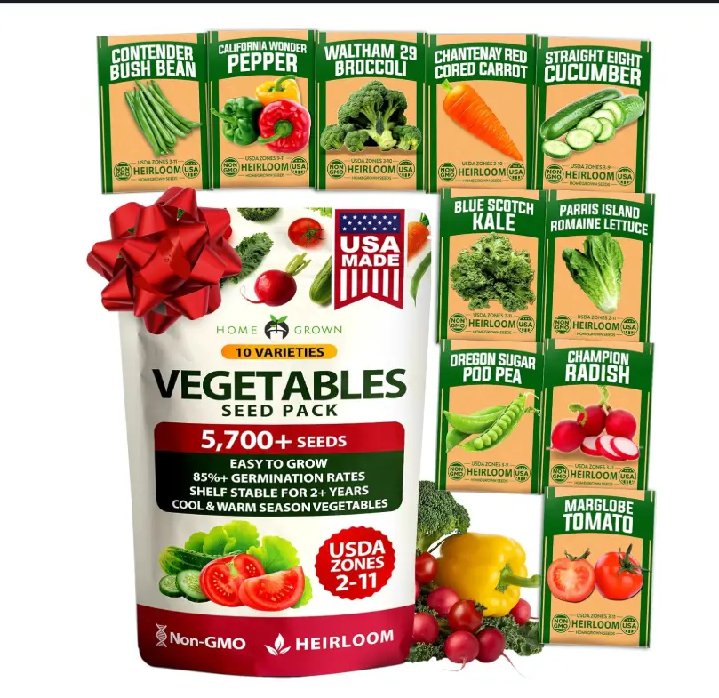 HOME GROWN 10 Variety Seed Vault 5,700+ USA Grown Heirloom Non-GMO Vegetable Seeds for Planting, High Germination, Garden Starter Kit, Emergency Food Supply, Indoor Outdoor