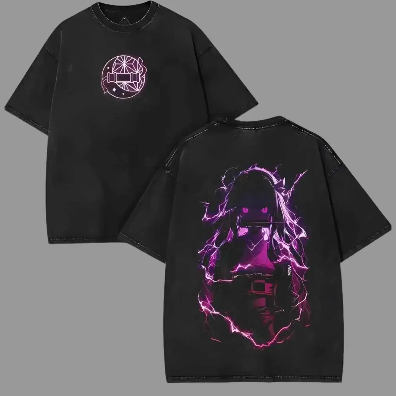 Vintage Acid Washed Heavy Cotton Oversized T Shirt, Front Circular Mark Back Purple Lightning Anime Girl Character Double Side Print Loose Drop Shoulder Unisex Short Sleeve Top, Retro Manga Neon Grunge Streetwear Casual Basic Tee Ideal Gift breathable