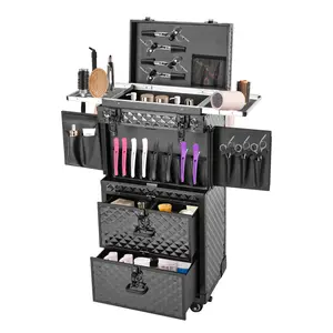 4-Layer Rolling Makeup Case with Aluminum ABS Construction & Lockable Drawers, Large Capacity Mobile Hair Stylist Tool Organizer for Cosmetics, Hair Dryer, Scissors, Combs, 33 lbs Capacity for Beauty Salon, Barber Shop, Travel & Professional Use