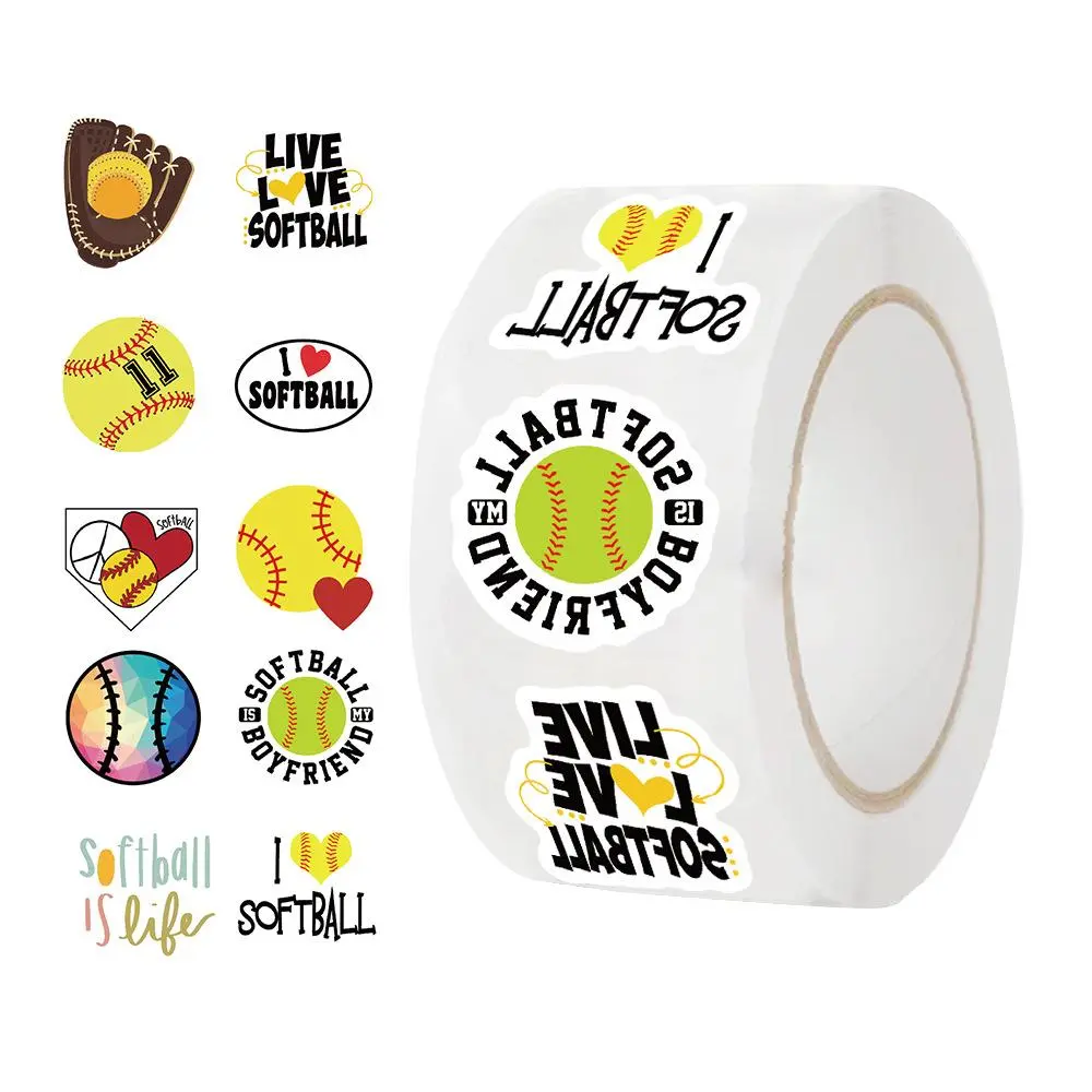 Softball Themed Sticker (500pcs/roll), Cartoon Sports Activities Decals, Ball Vinyl Decoration, DIY Funny Creative Decor for Teens Party Supplies