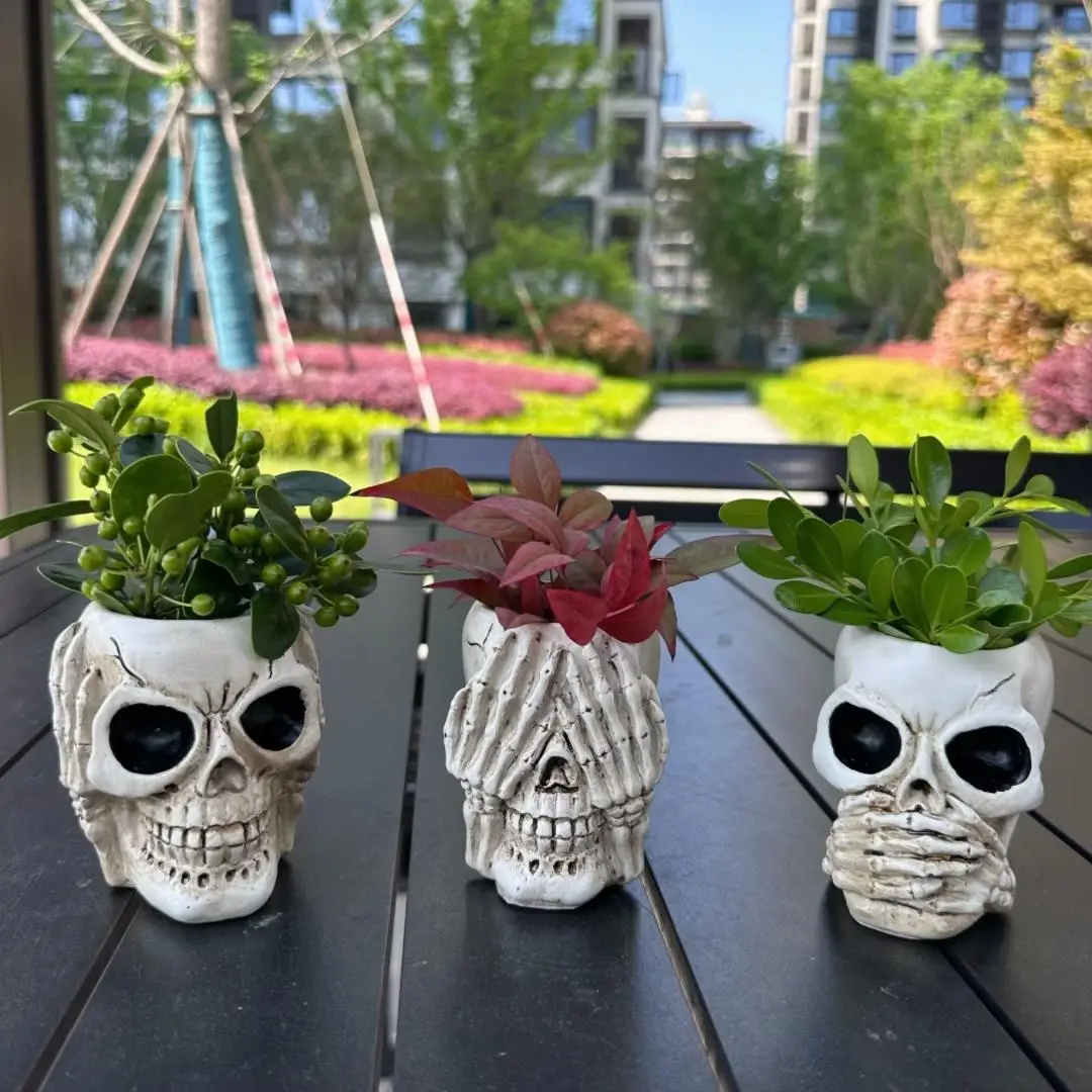 Skull Design Flower Pot, Modern Resin Skull Head Design Flower Pot, Decorative Pot for Home Office Desktop, Garden Supplies, Outdoor Plant Flower Pot